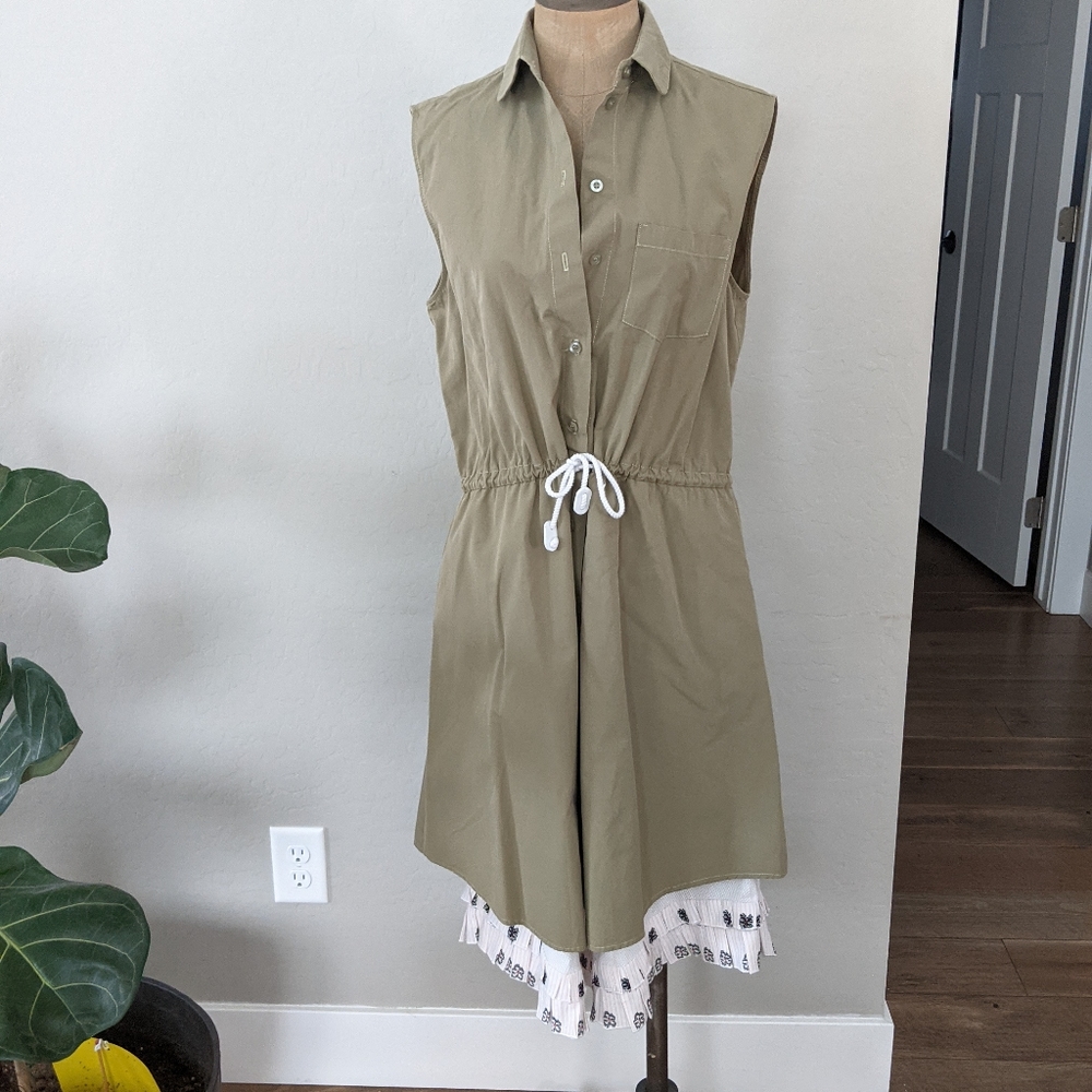 Jimi Roos Womens Sleeveless Floral Ruffle Shirt Dress Khaki Blue Size Medium
